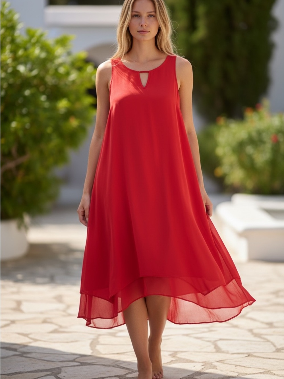 For Cynthia Beach Linen Blend Breezy Sleeveless Keyhole Gauzy Hem Coral Dress